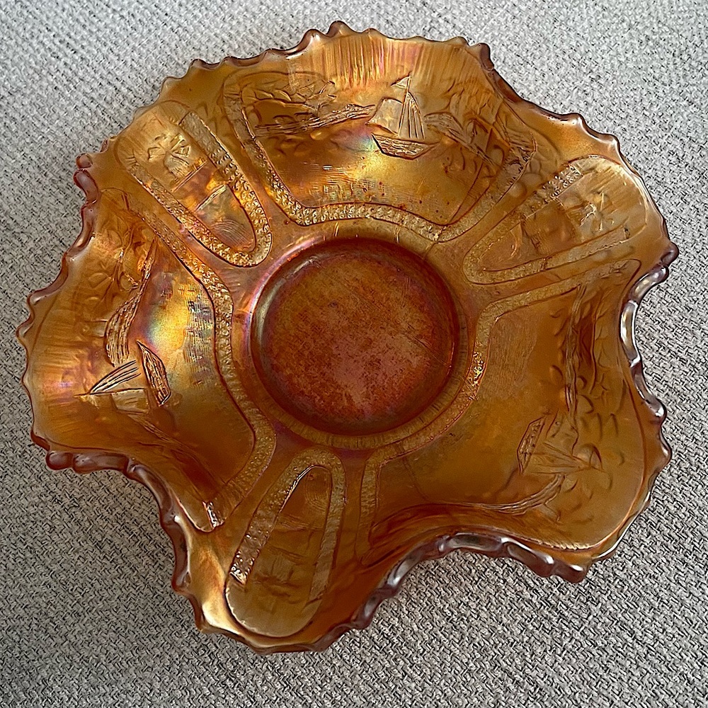 Carnival Glass bowl, gold iridescence, ruffled edge, sailboats, flowers